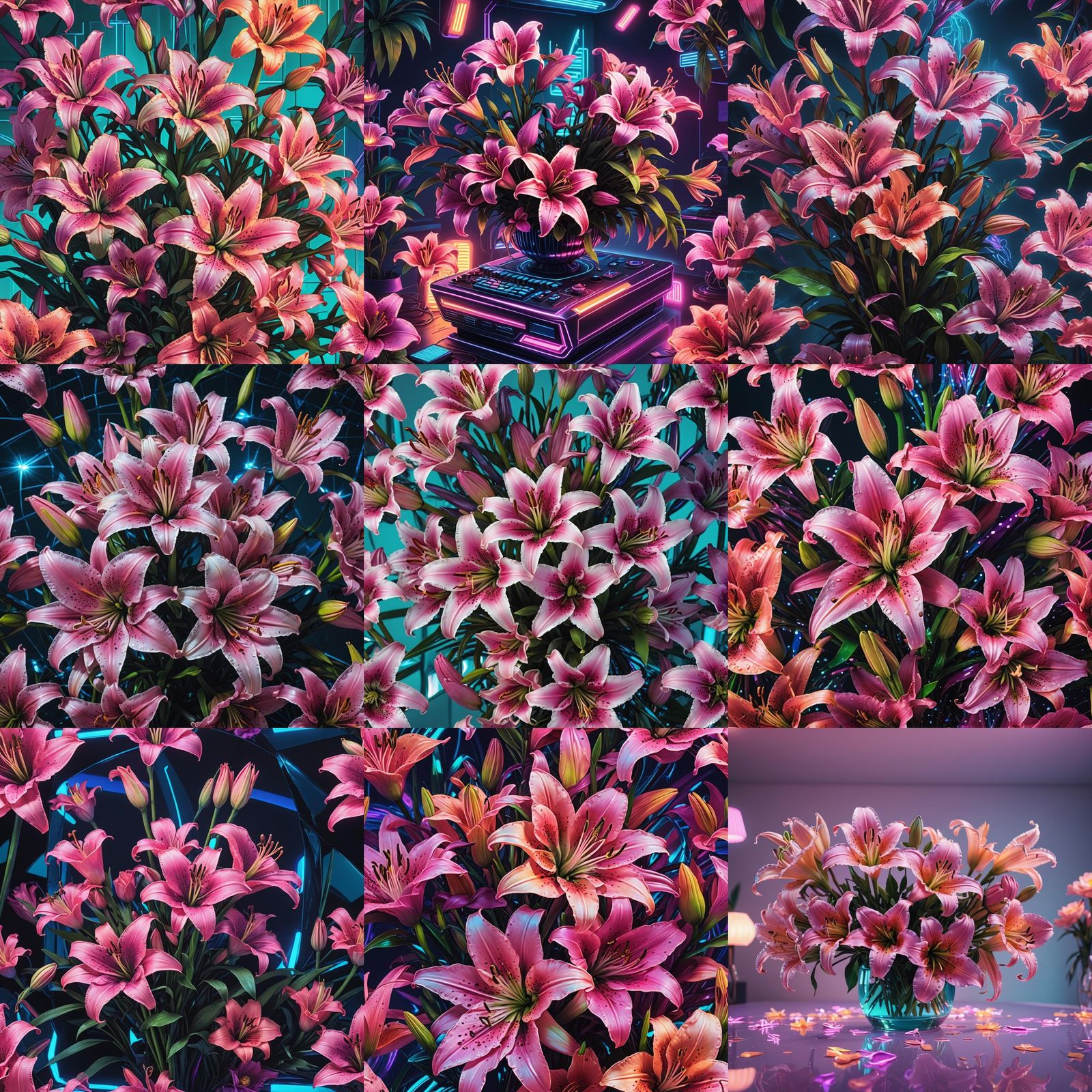 Synthwave Neon Bouquet of Lilies and Ranunculus