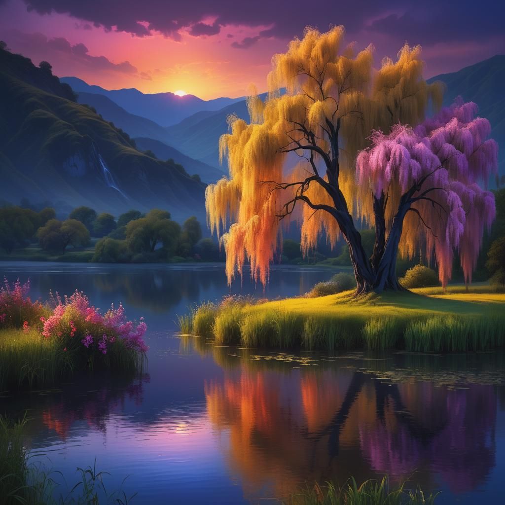 Surreal Twilight Pond Scene in Digital Art Style