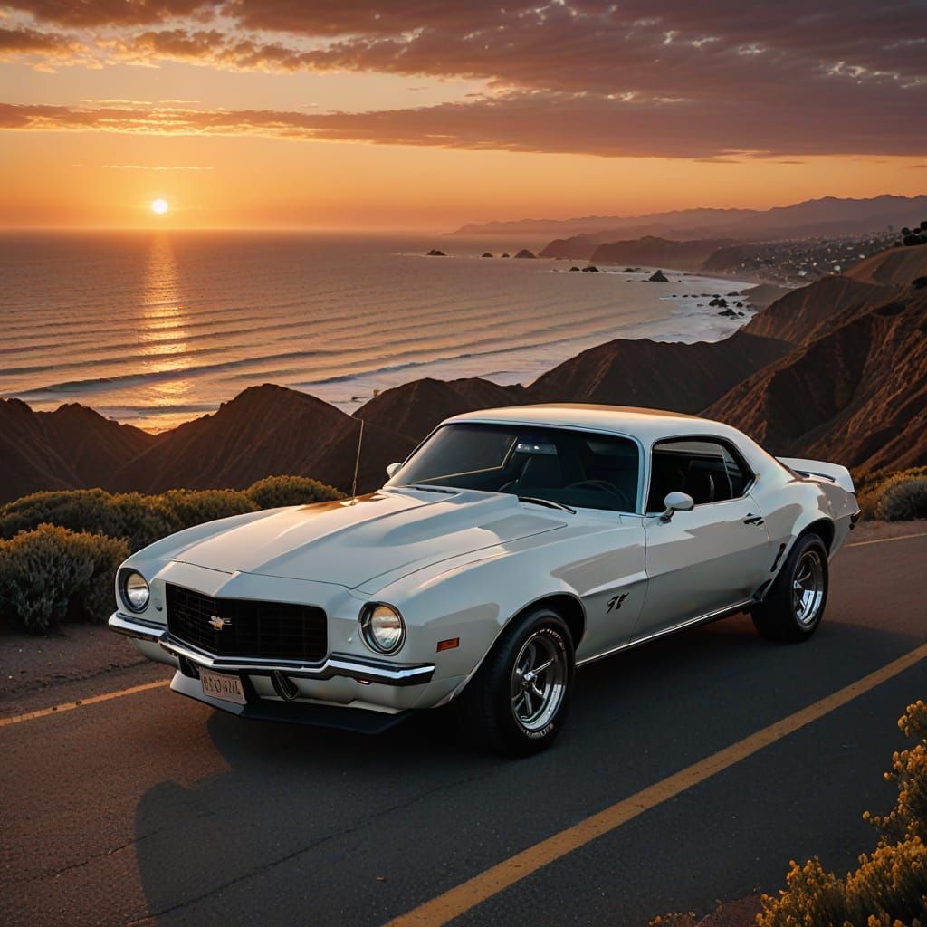 Vintage 1972 Camaro on California Cliffs at Sunset