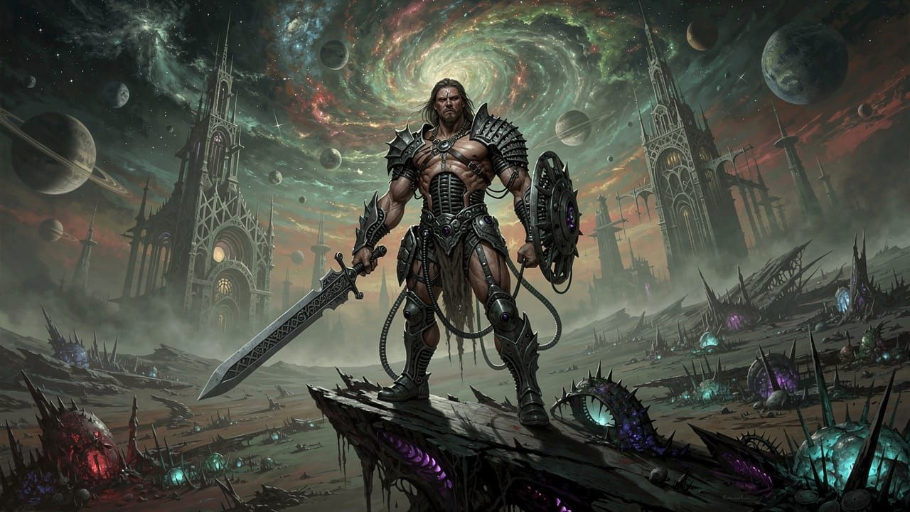 Alien Warrior in Biomechanical Armor on Desolate Planet