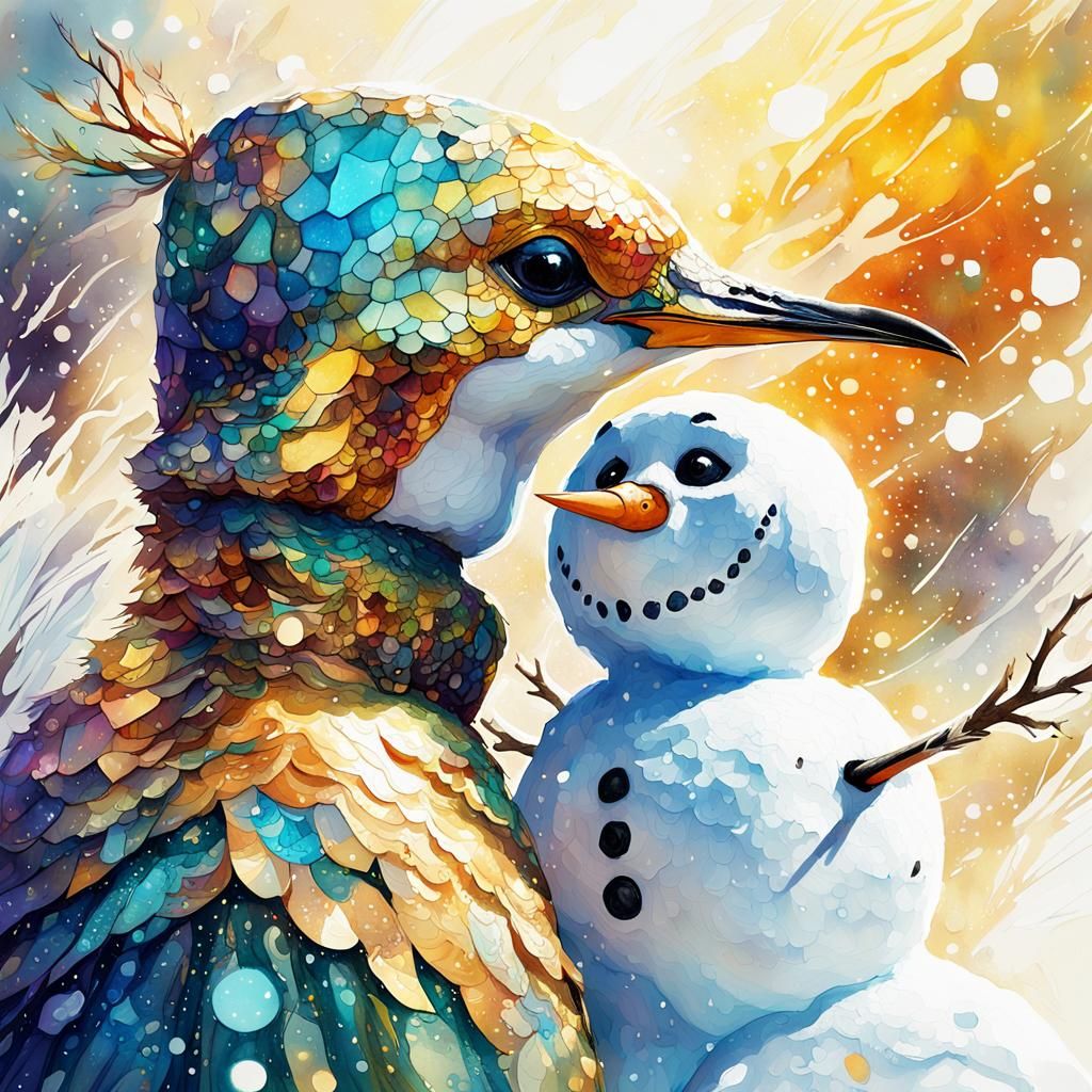 Glimmering Snowman and Bird in Watercolor Style