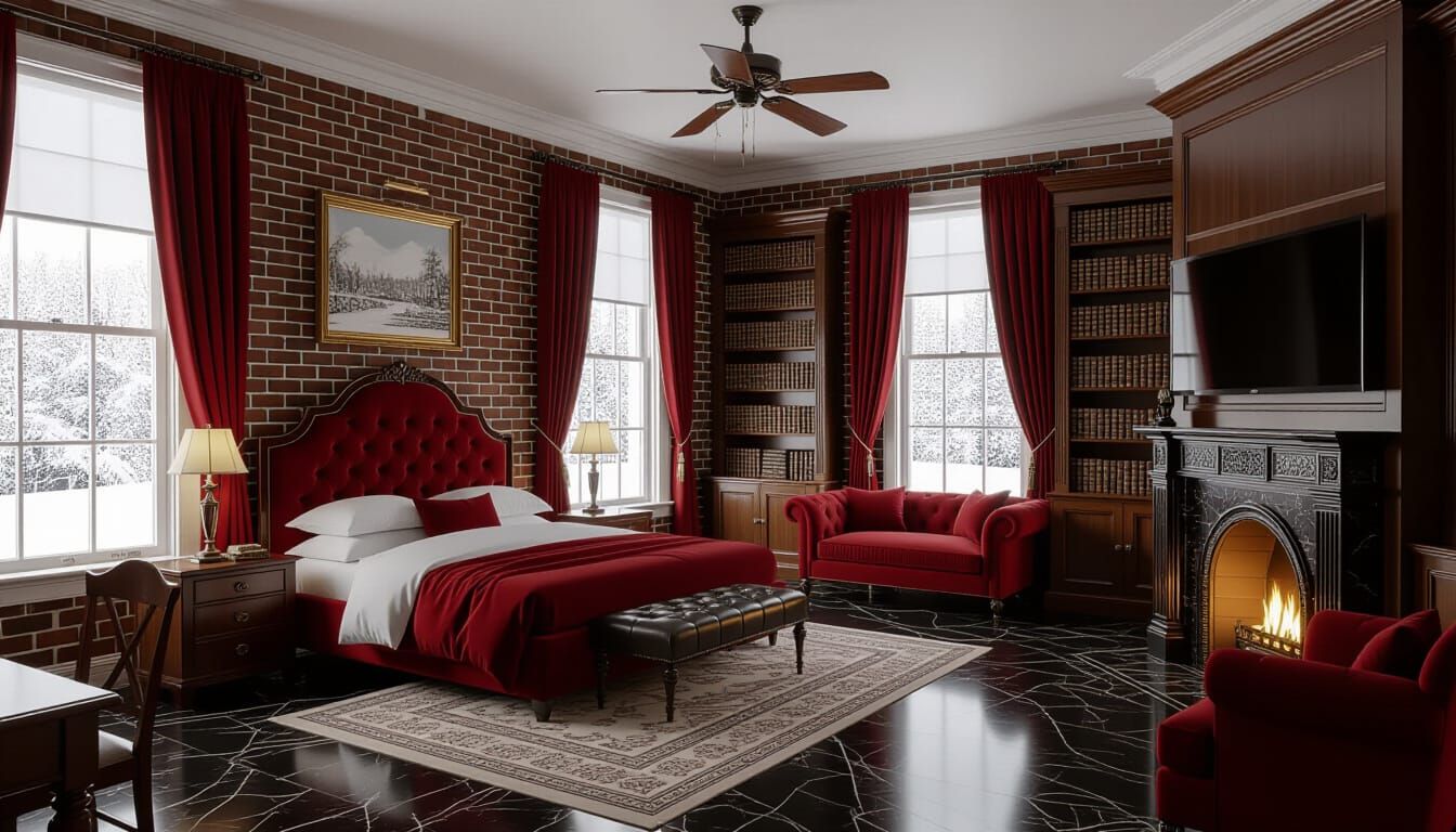 Victorian Bedroom with Fireplace and Snowy View