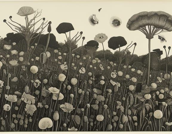 Disturbing Drypoint Print of Bumblebees and Poppies