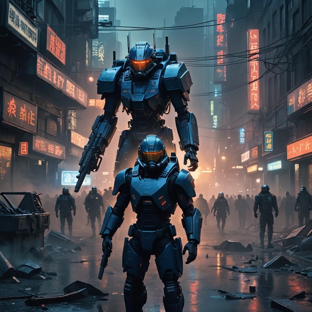 Dystopian Riot Control Android in Cyberpunk Style