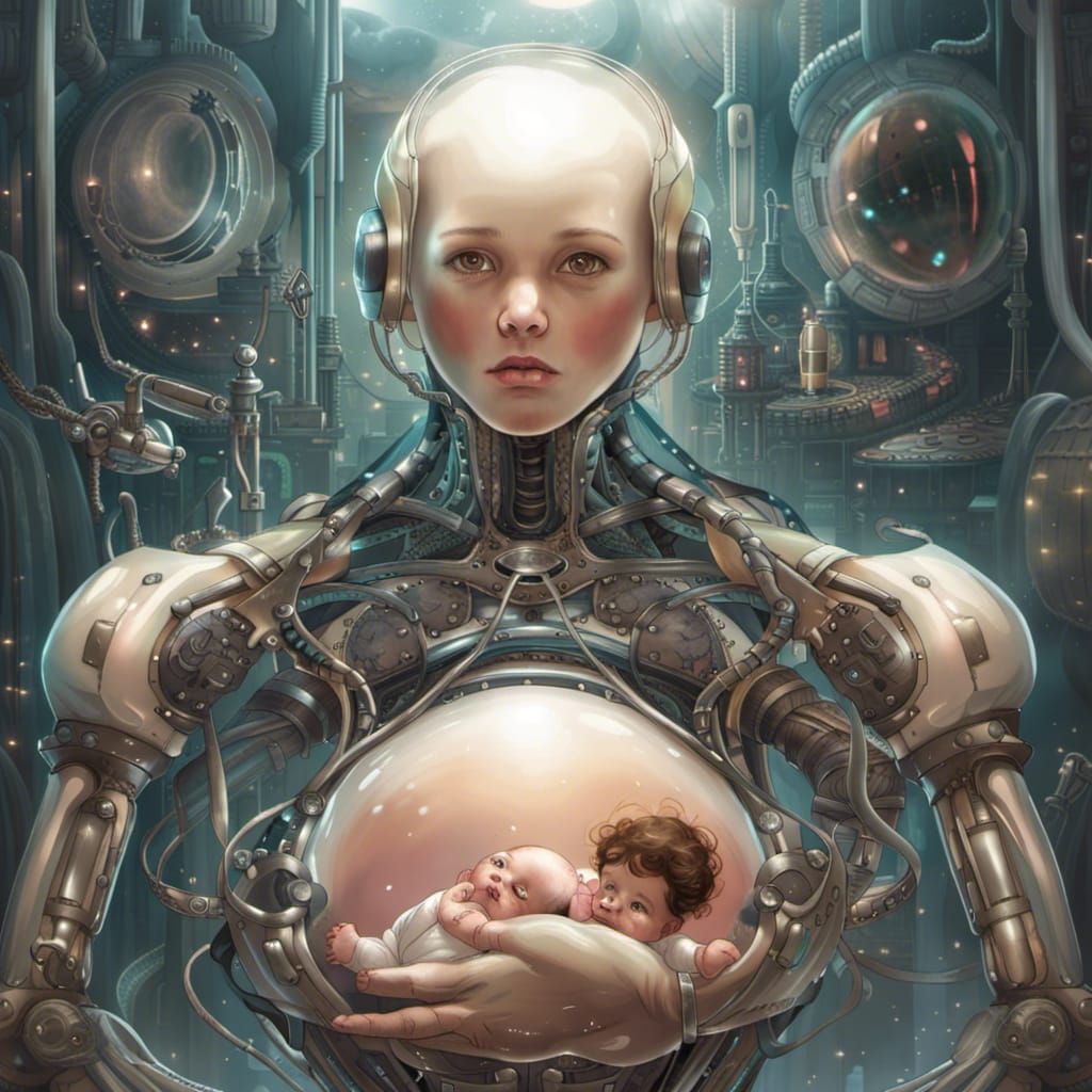 A giant female sentient robot who is pregnant with human baby, a transparent belly, close up of inside the belly is a be...