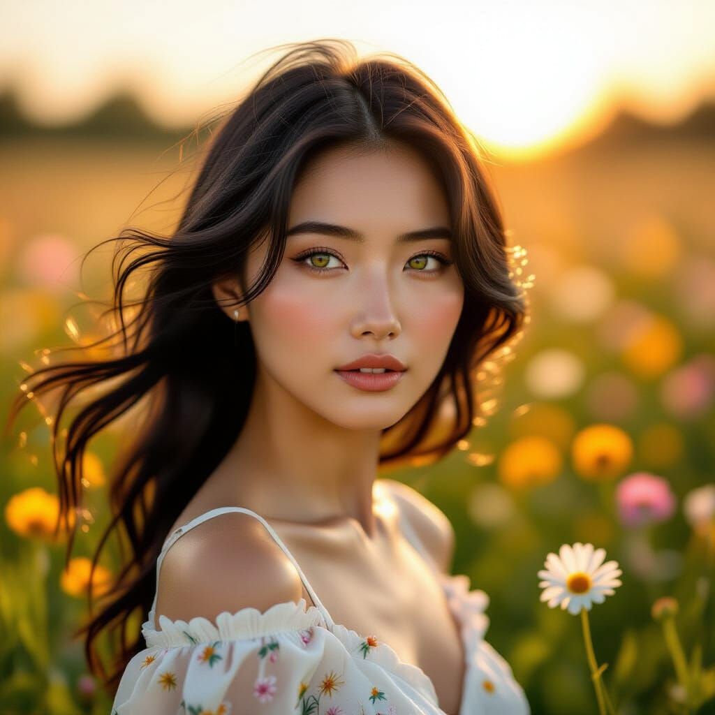 Japanese Woman in Wildflower Field at Dawn