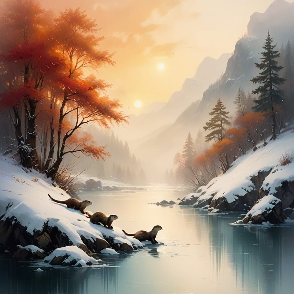 Idyllic Otter Family Scene in Warm Impressionist Style