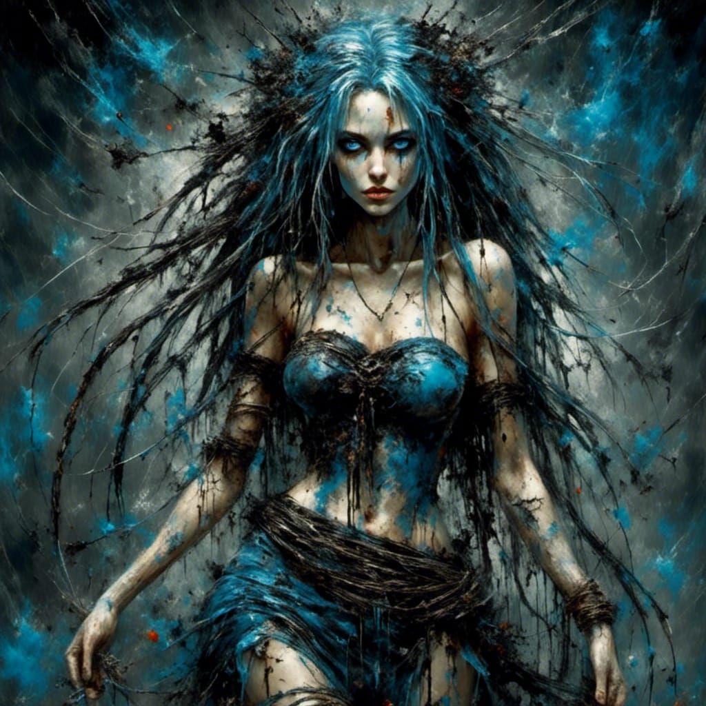 Vibrant Witch with Blue Hair in Bioluminescent Scene