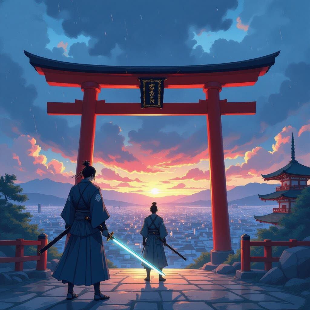 Anime Samurai Before Kyoto Torii Gate, Ukiyo-e Anime Style
