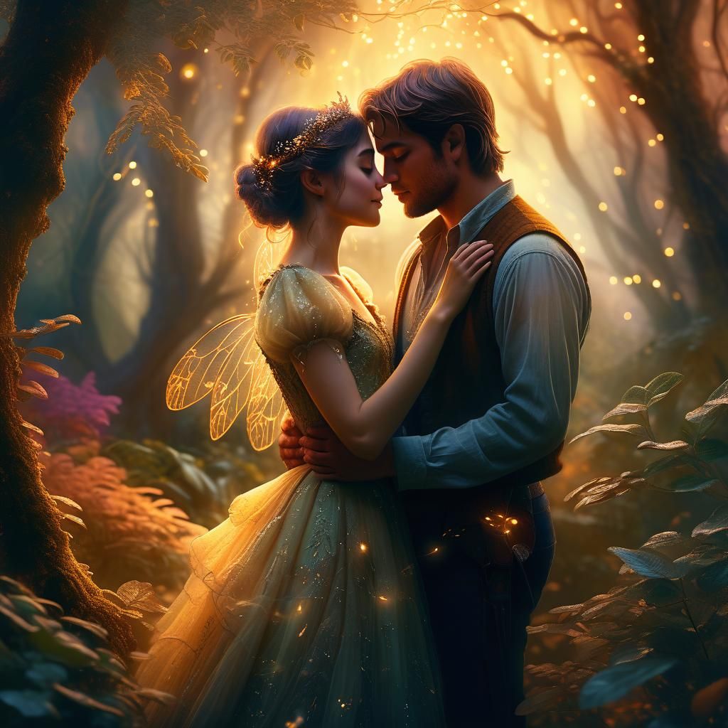 Romantic Kiss in Ethereal Forest: Fantasy Concept Art