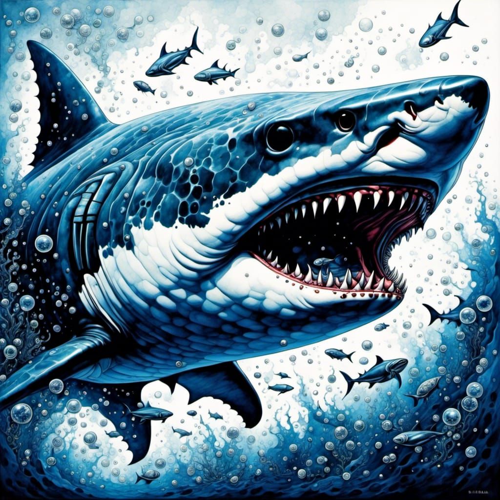 Detailed Blue Ink Shark Illustration