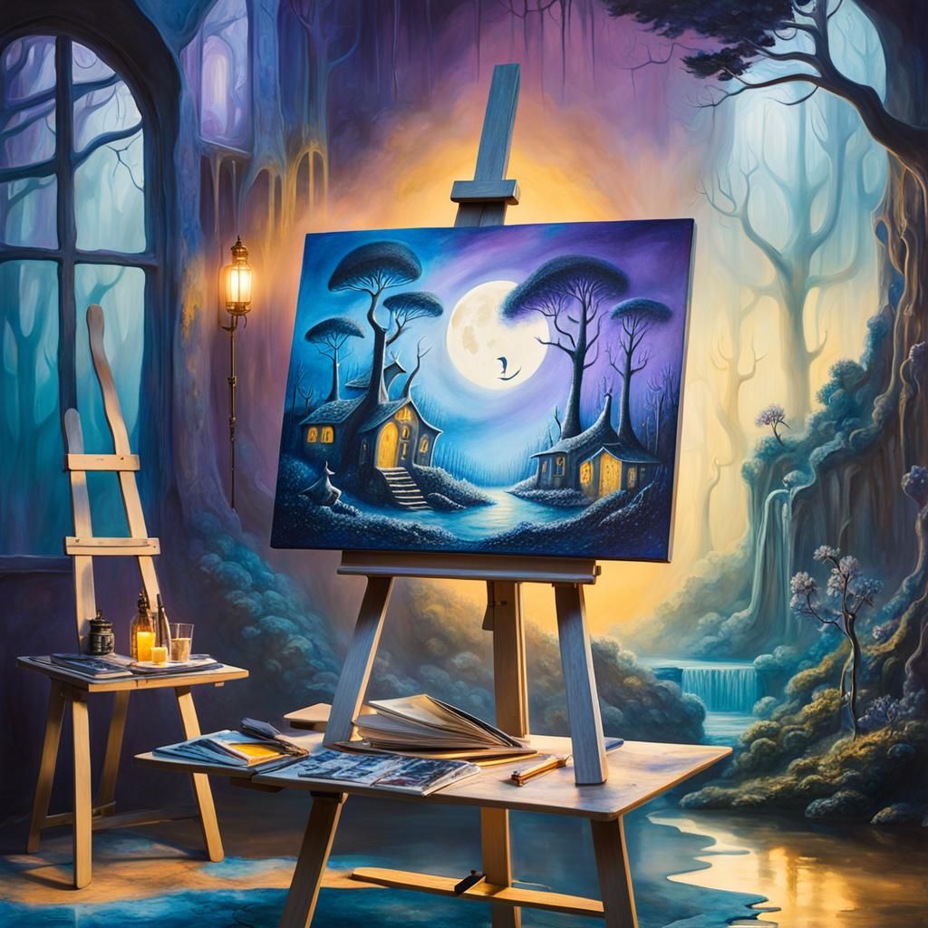Surreal Dark Fantasy Painting in Moonlit Room
