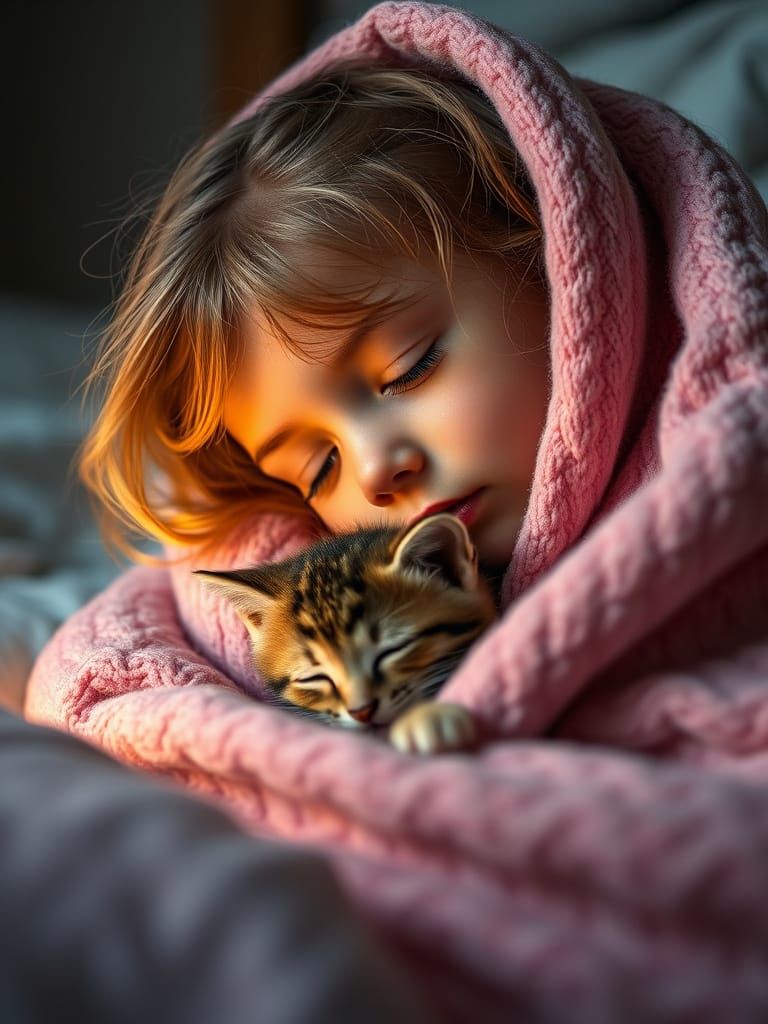Cozy Little Girl Snuggles with Kitten Under Soft Glow