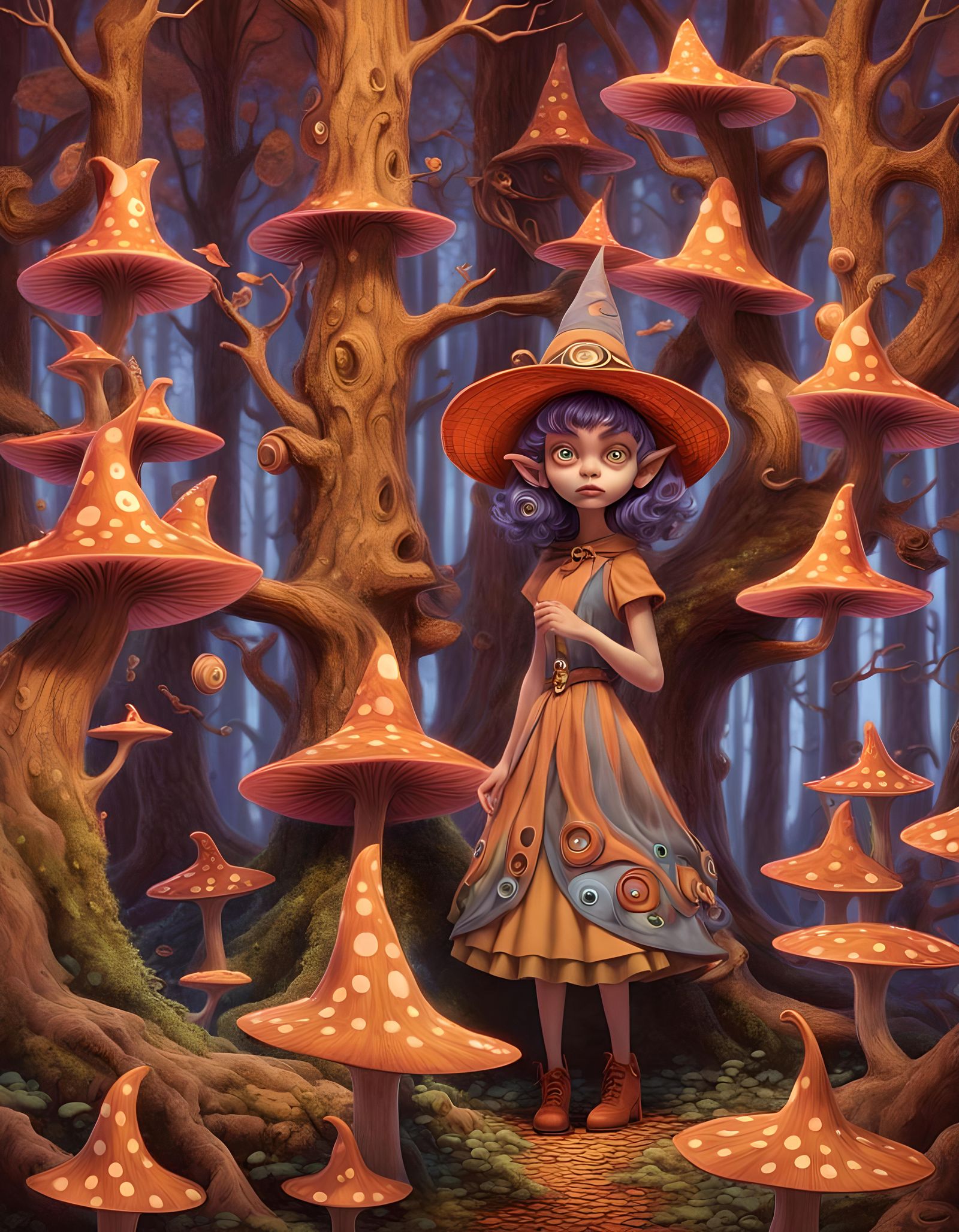 Pixar-Style Elf Witch in Fiery Temple