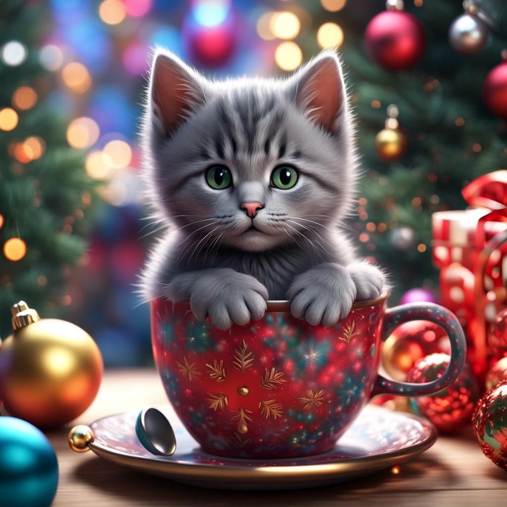 Festive Grey Kitty Portrait in Detailed Digital Art