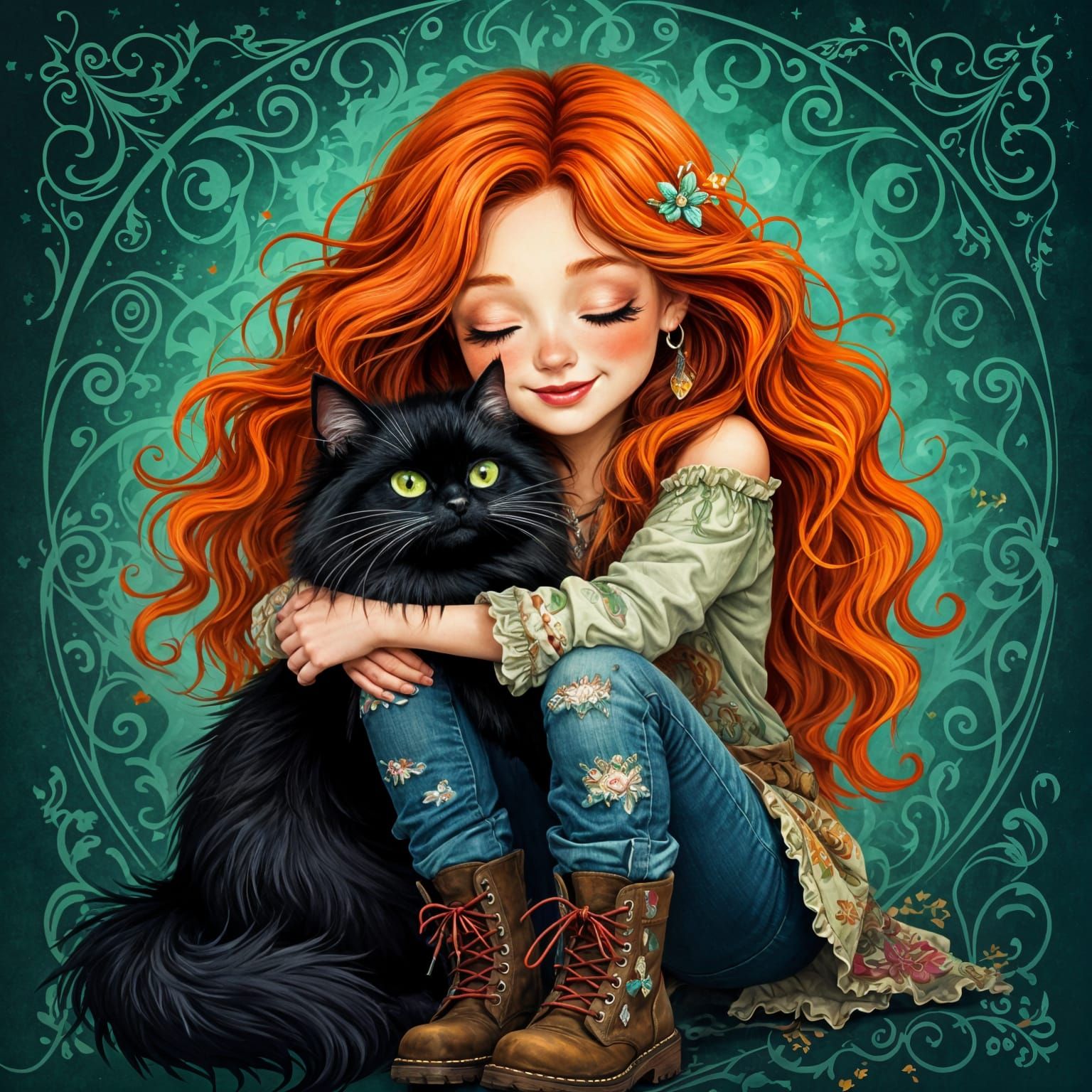 Bohemian Witch and Cat in Vibrant Folk Art Style