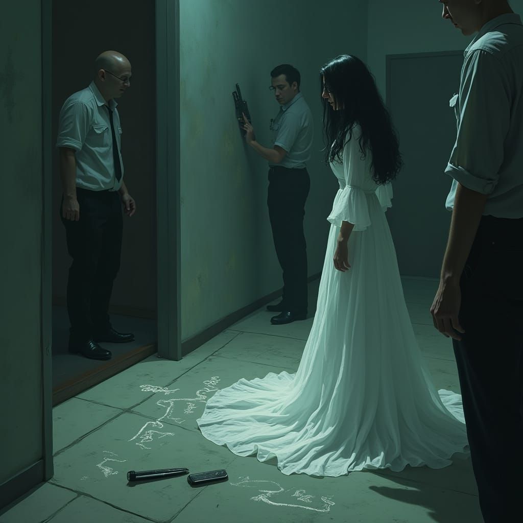 Ghost Mourns Body at Film Noir Crime Scene