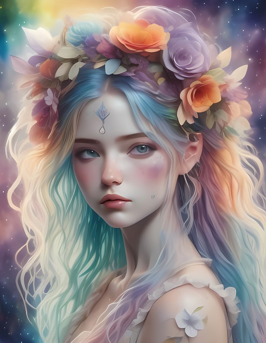 Vibrant Watercolour Portrait of a Rainbow-Haired Beauty with...