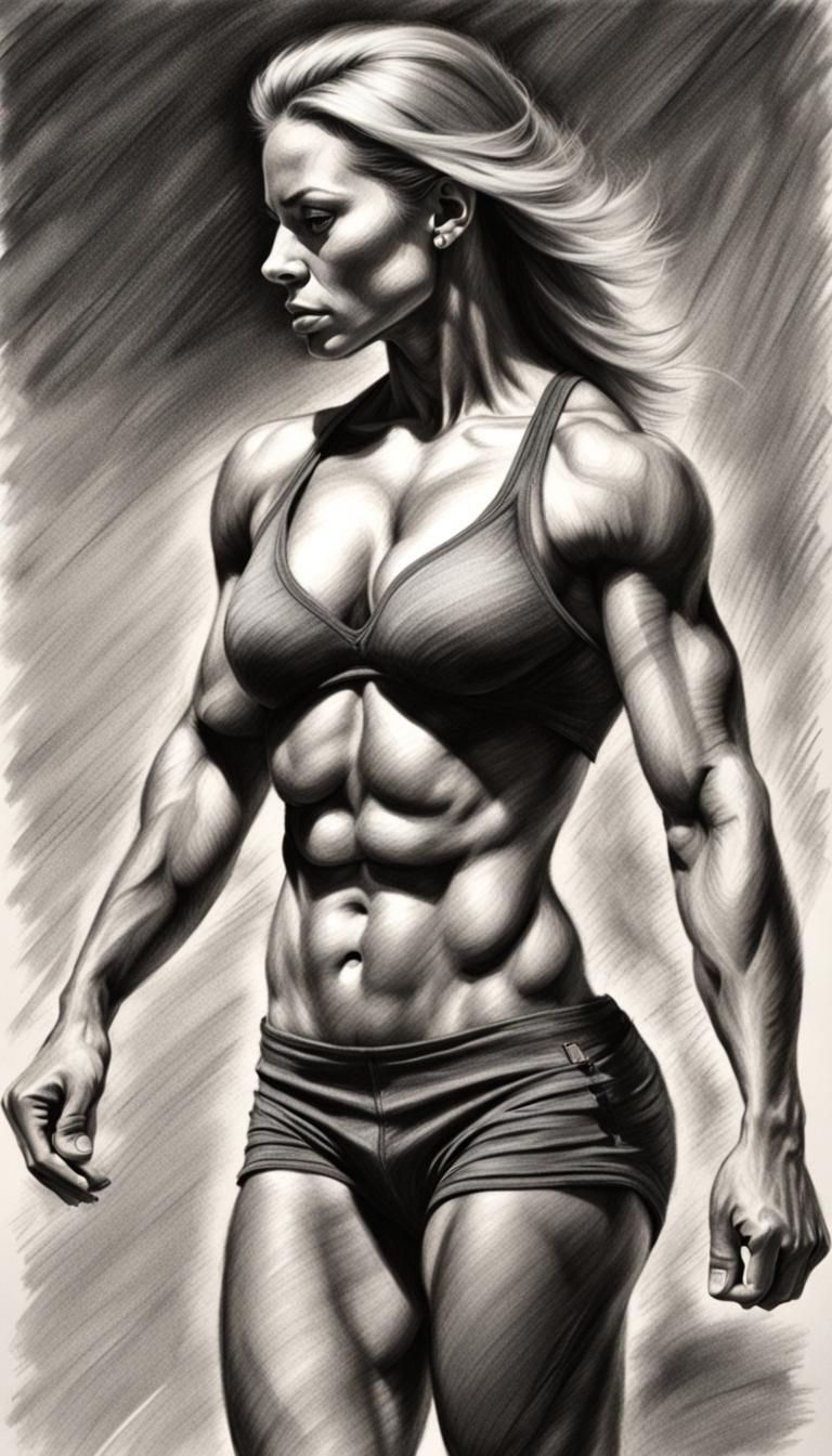 Dramatic Charcoal Drawing of Female Fitness Model