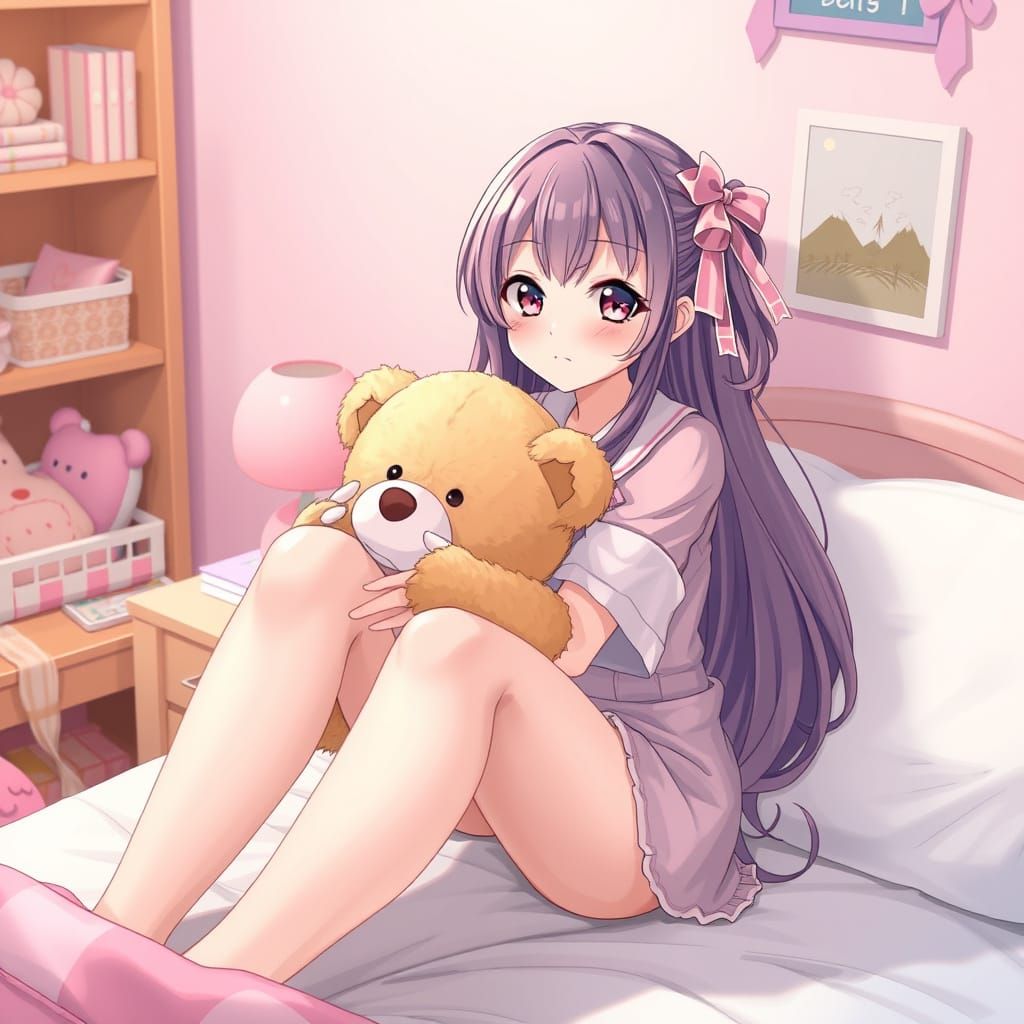 Adorable Anime Girl Hugs Teddy Bear in Cozy Pink Room