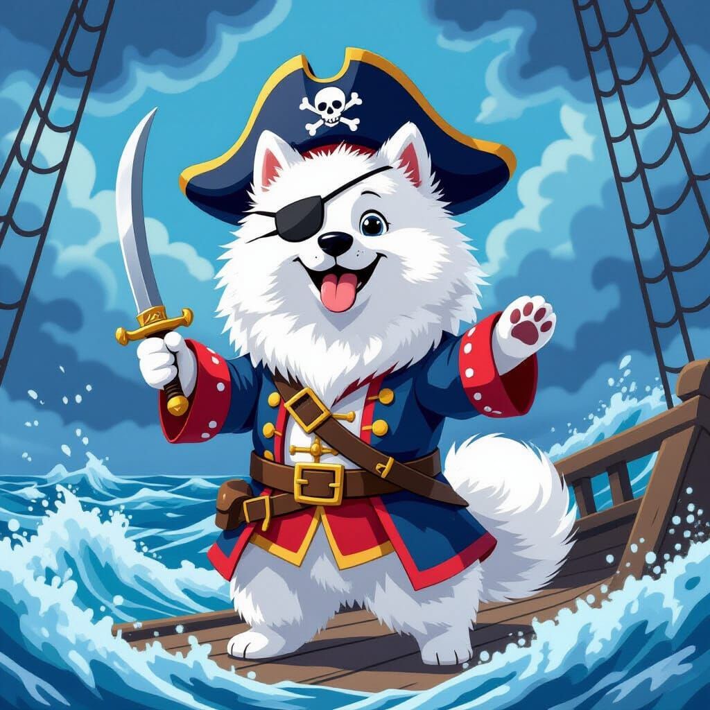 Samoyed Pirate Dog on Stormy Seas, Cartoon Style