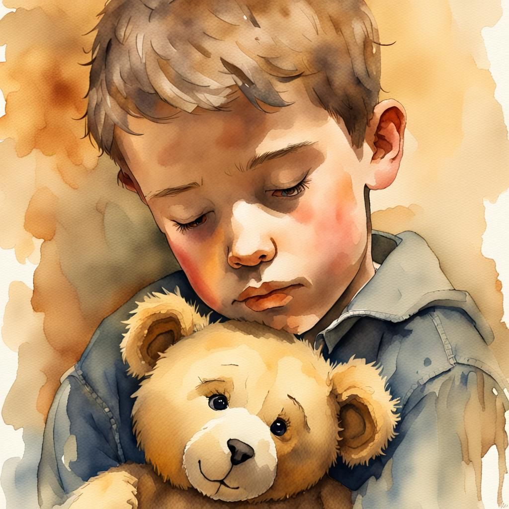 Boy and Teddy Bear in Watercolor Portrait
