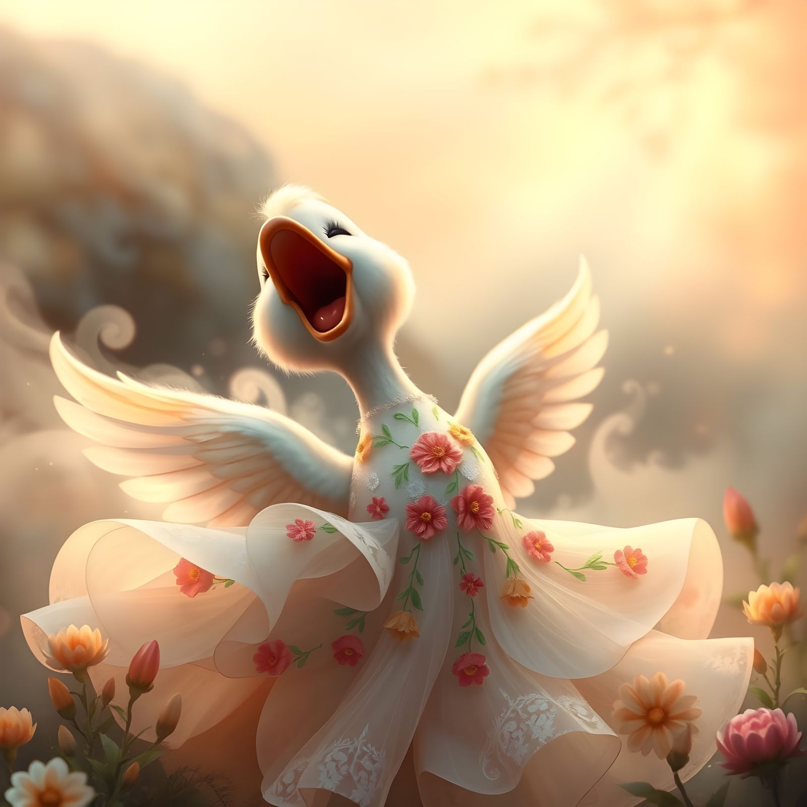 Whimsical Duck Singer in a Flowing Dress