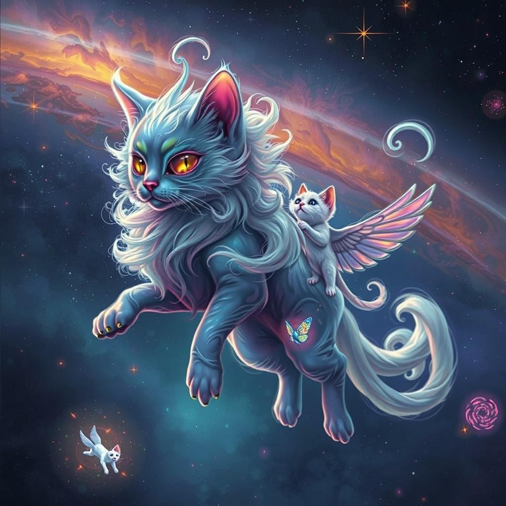Cosmic Djinn Cat and Flying Companion in Space