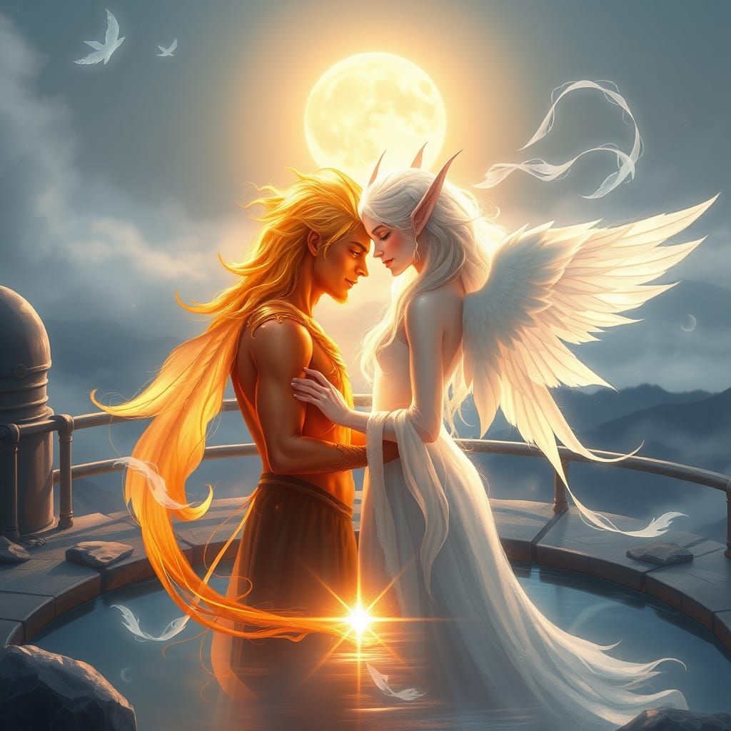 Celestial Lovers in Moonlit Observatory