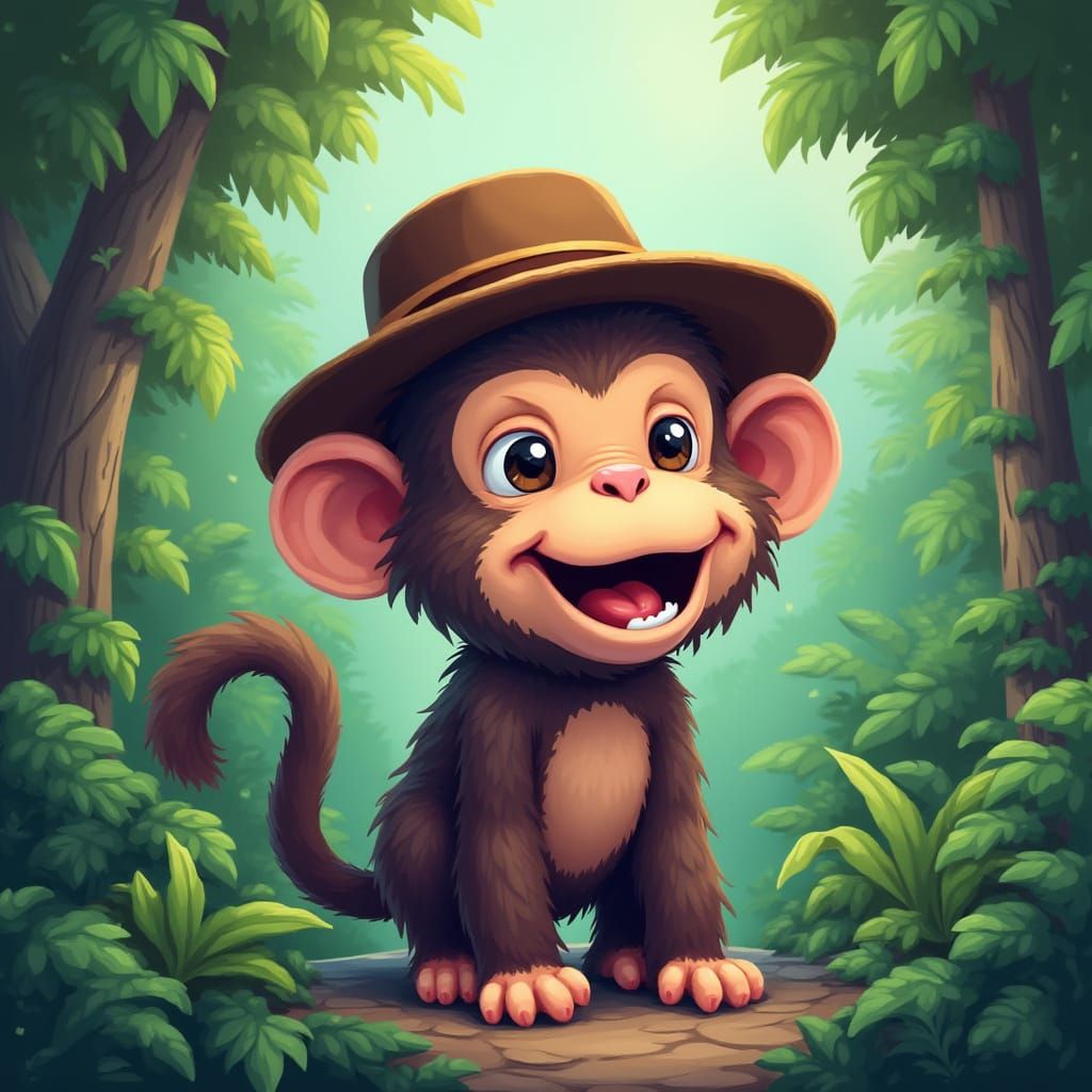 Pixel Art Monkey Wears Fedora in Whimsical Green Scene