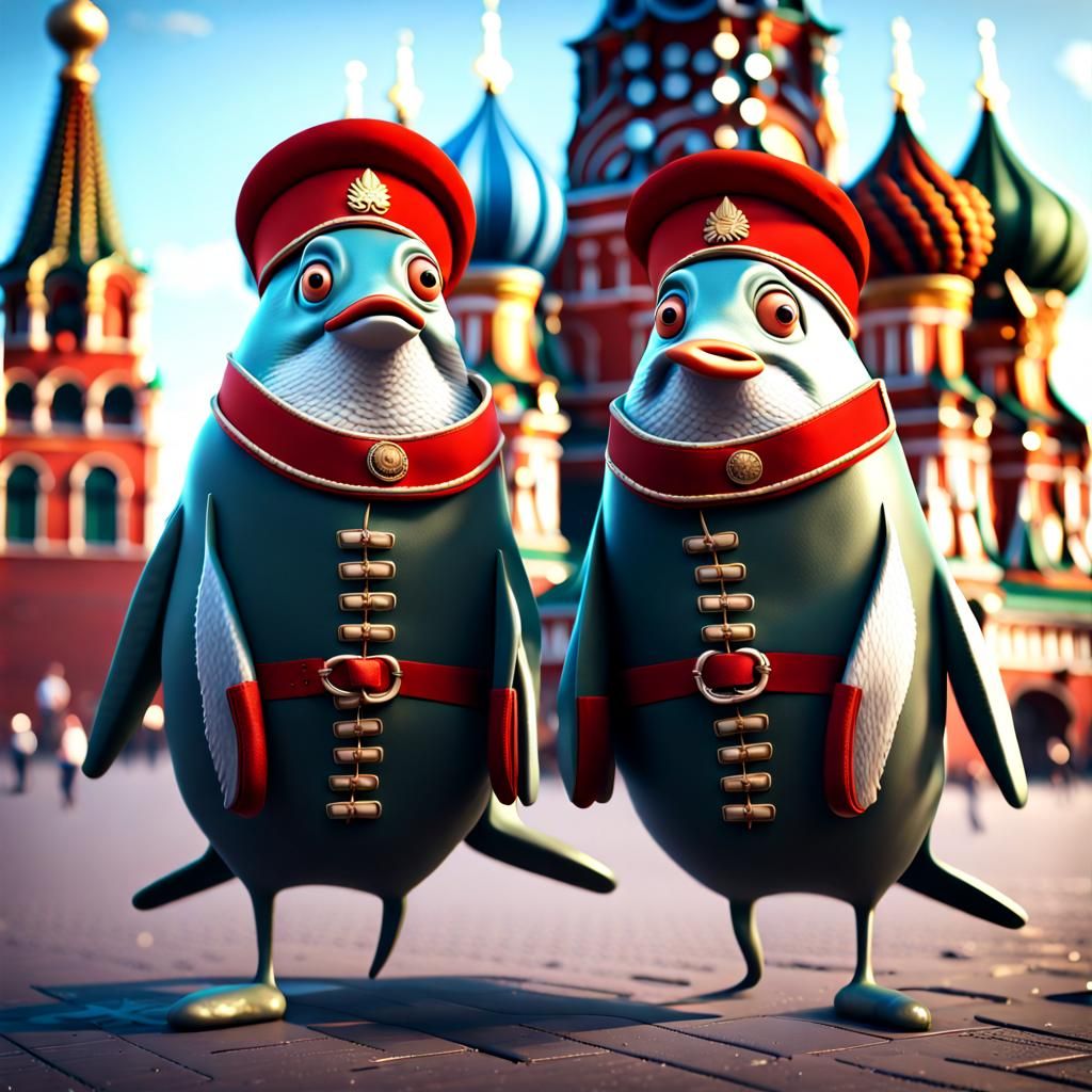 Sardines in Military Hats in Moscow, Digital Art