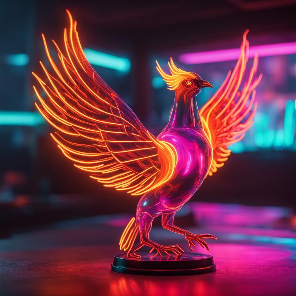 Cyberpunk Glass Phoenix in Neon Flames