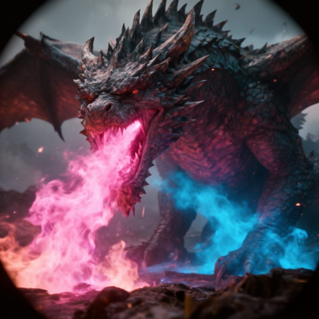 Colossal Dragon Breathes Pink and Blue Fire