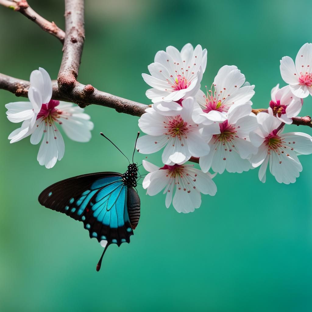 Turquoise Butterfly on Cherry Blossom Branch