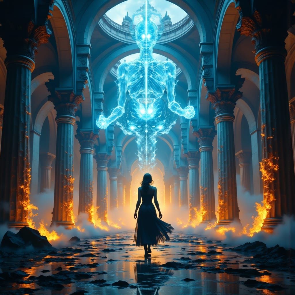 Ethereal Warrior Battles Ancient Temple Creatures in Art Nou...