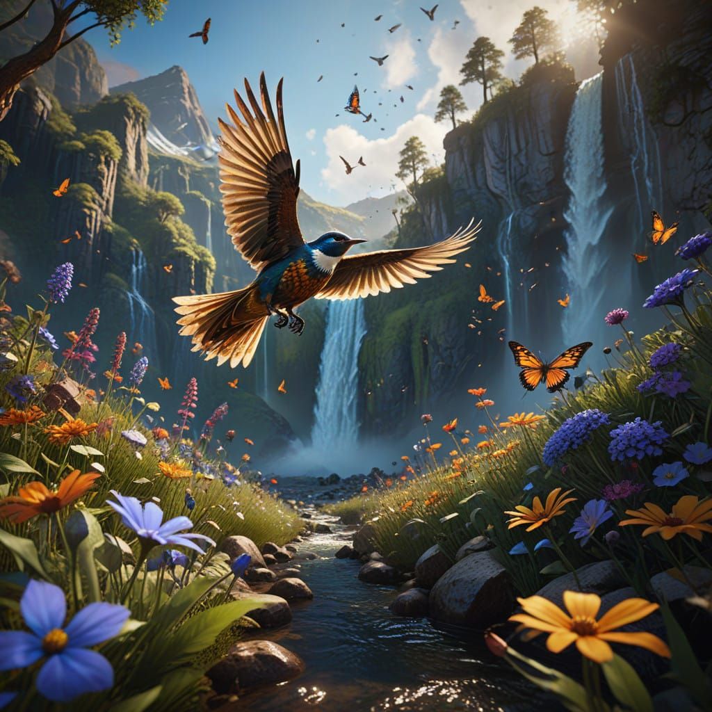 Majestic Bird in Flight Amidst Lush Wildflowers and Waterfal...