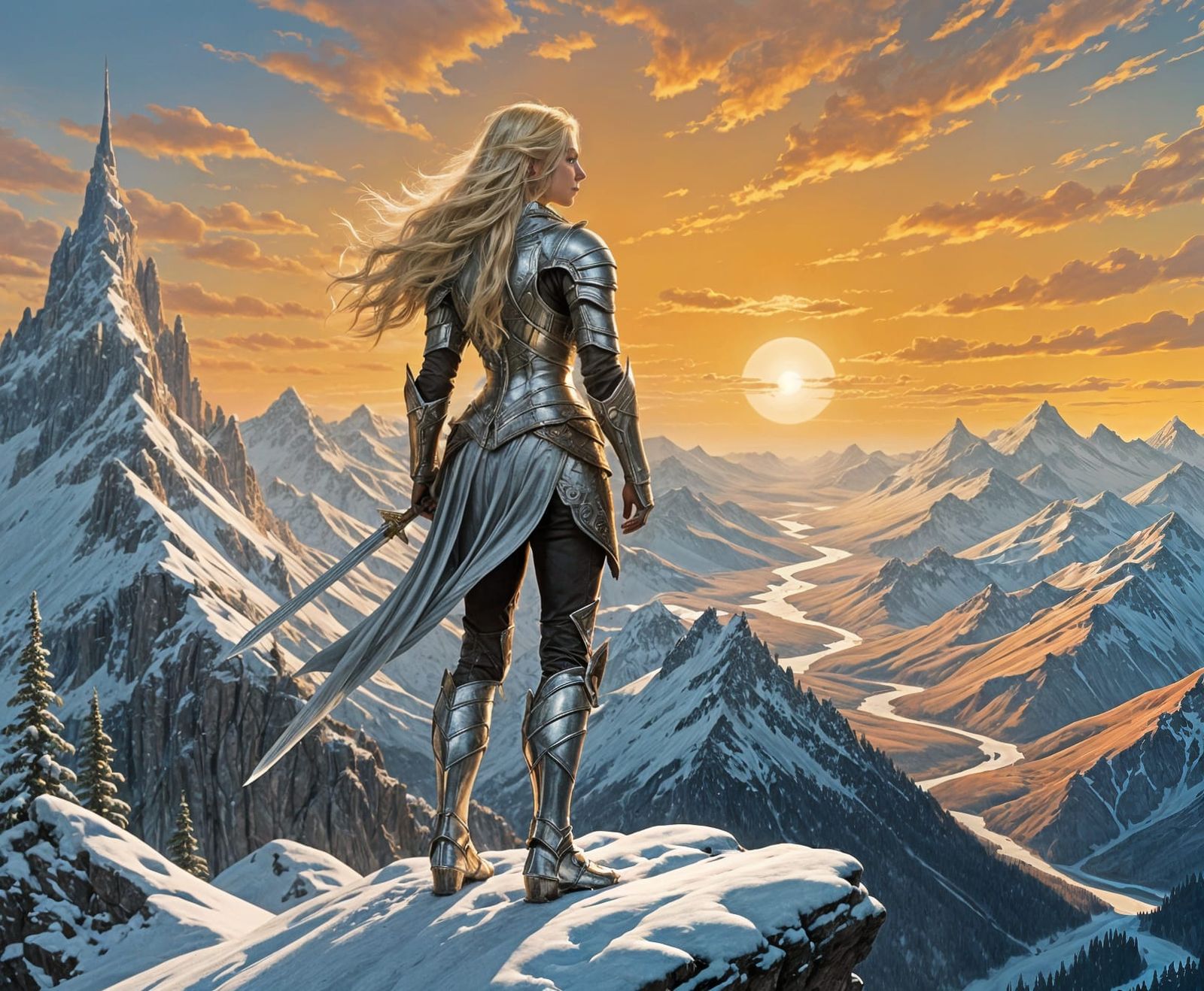 Epic Half-Elf Warrior at Sunset, Fantasy Art