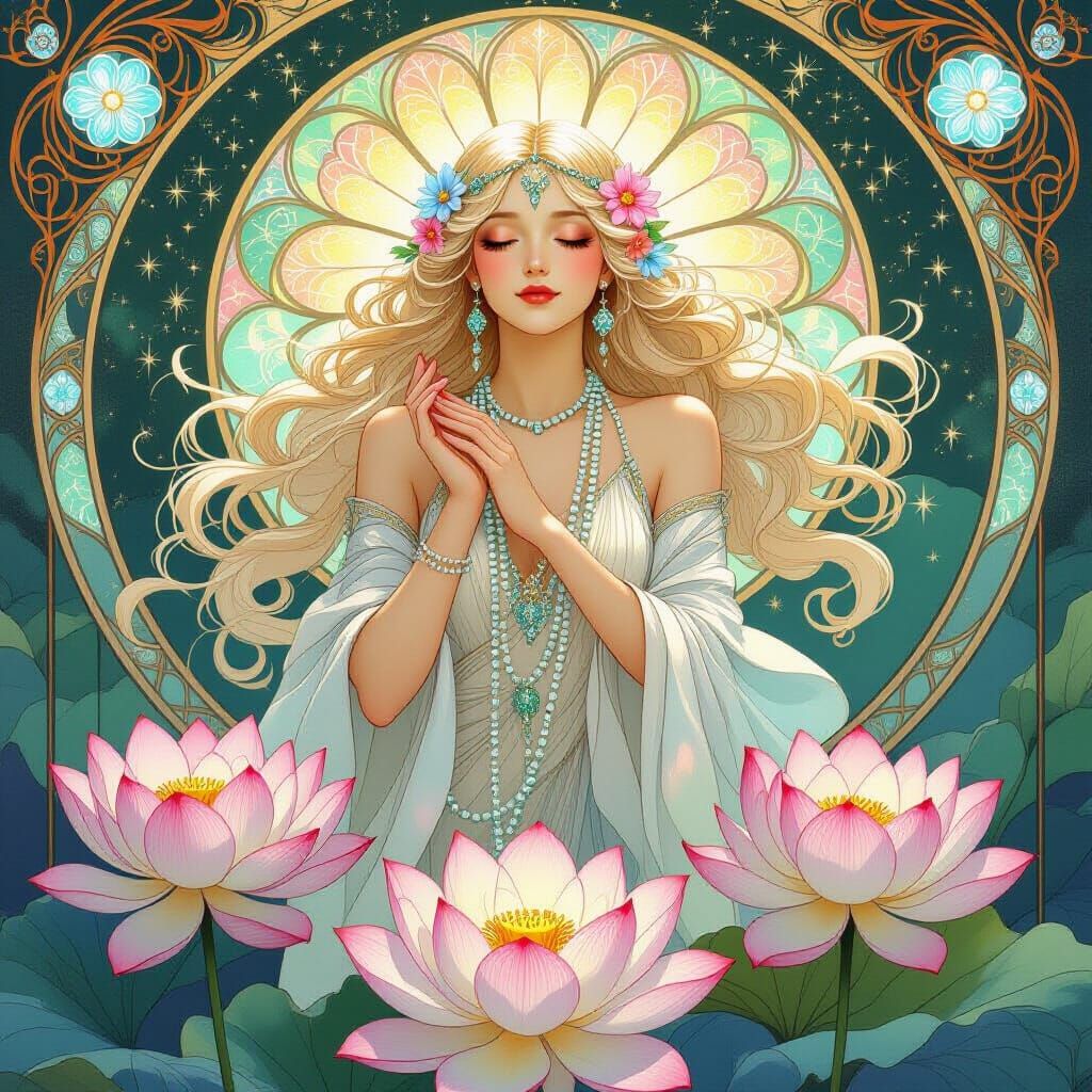 Crystal Goddess Emerges from Lotuses in Art Nouveau Style