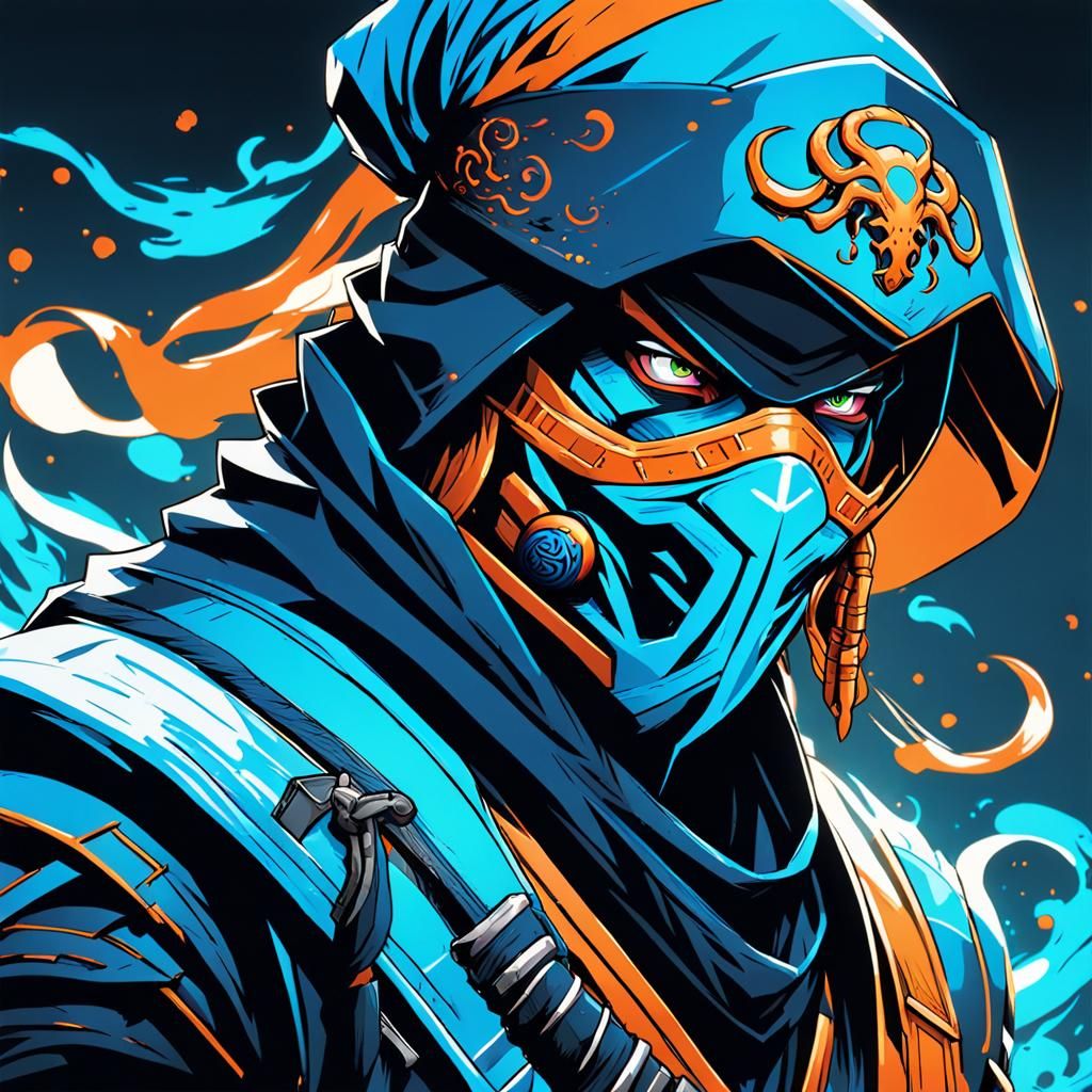 Cyan Ninja with Octopus Mask, Cel-Shaded Anime Art