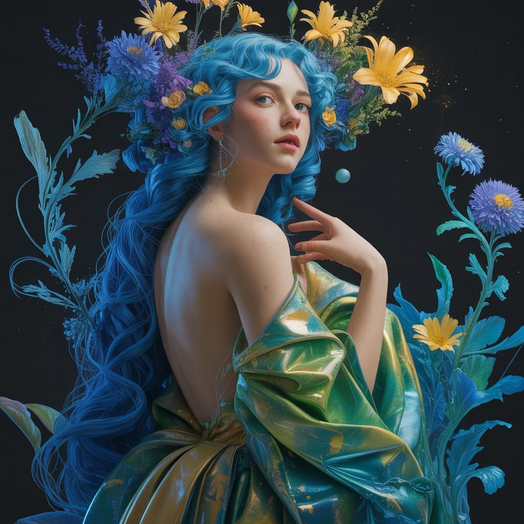 Elegant Woman in Cosmic Garden, Art Nouveau Style