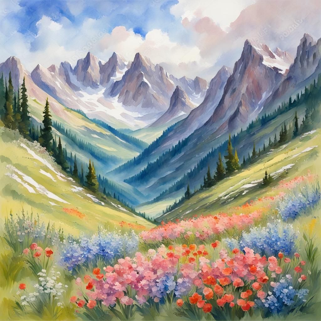 Alpine Valley in Gouache and Watercolor Style