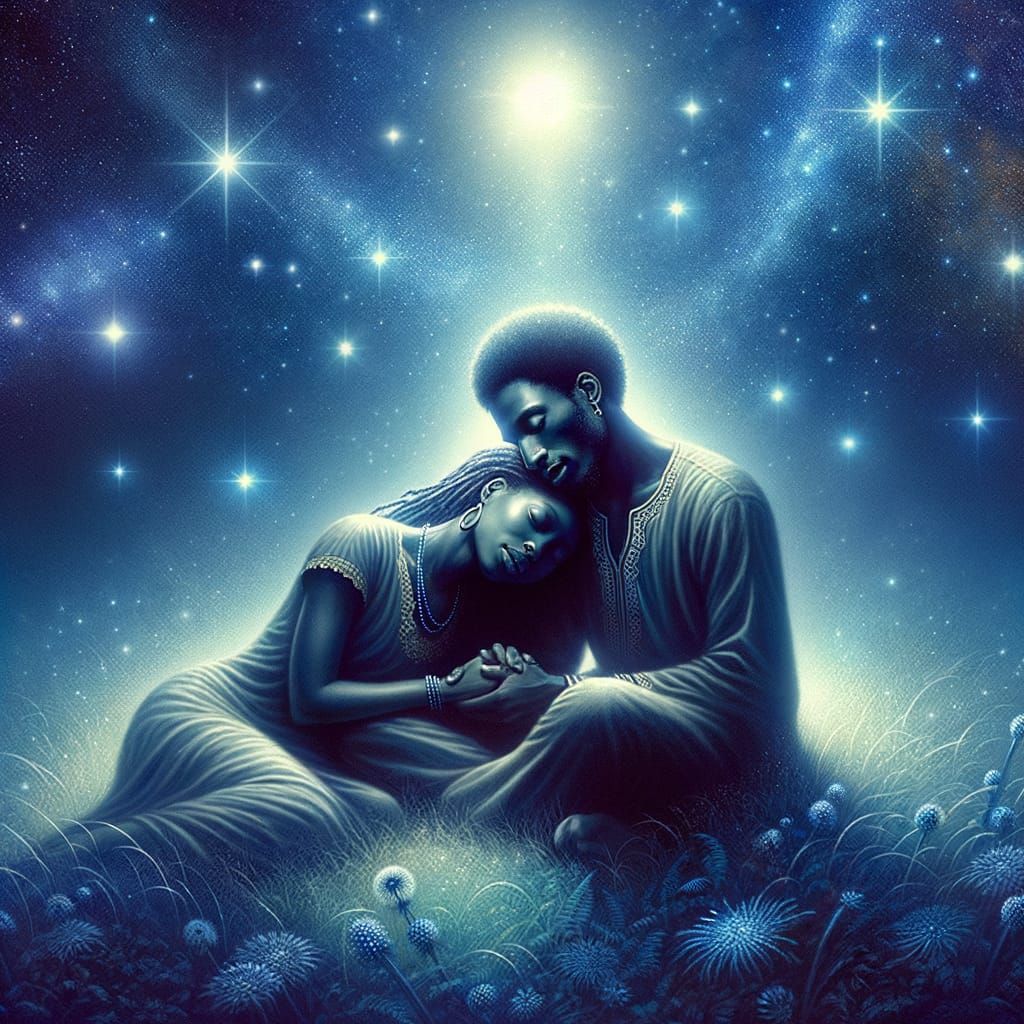 Soulful Digital Painting of Two Lovers Under a Starlit Sky i...