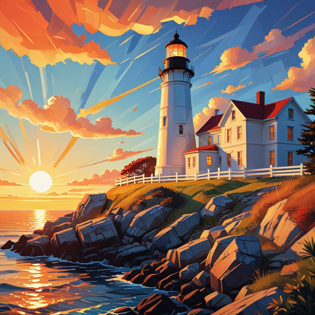 Cape Elizabeth Lighthouse Sunset in Cubist Style