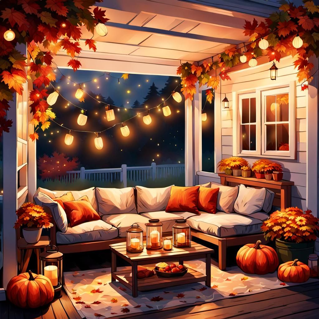 Autumn Cottagecore Porch in Digital Illustration Style