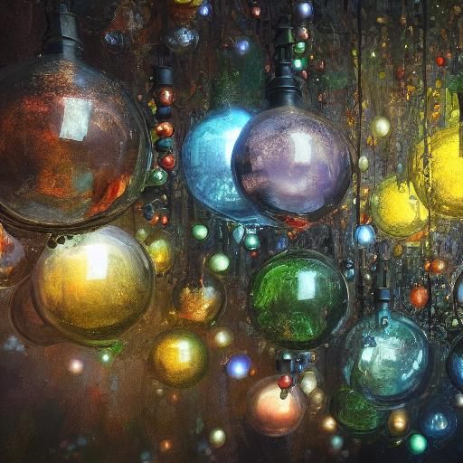 Light bulbs wine bottles spheres beads of black pearls