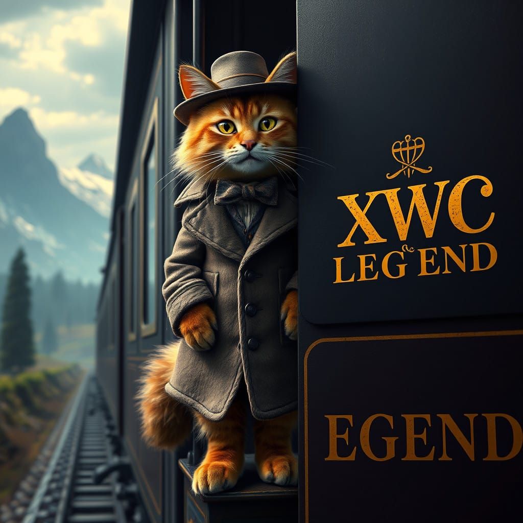Feline Gentleman in Whimsical Train Setting