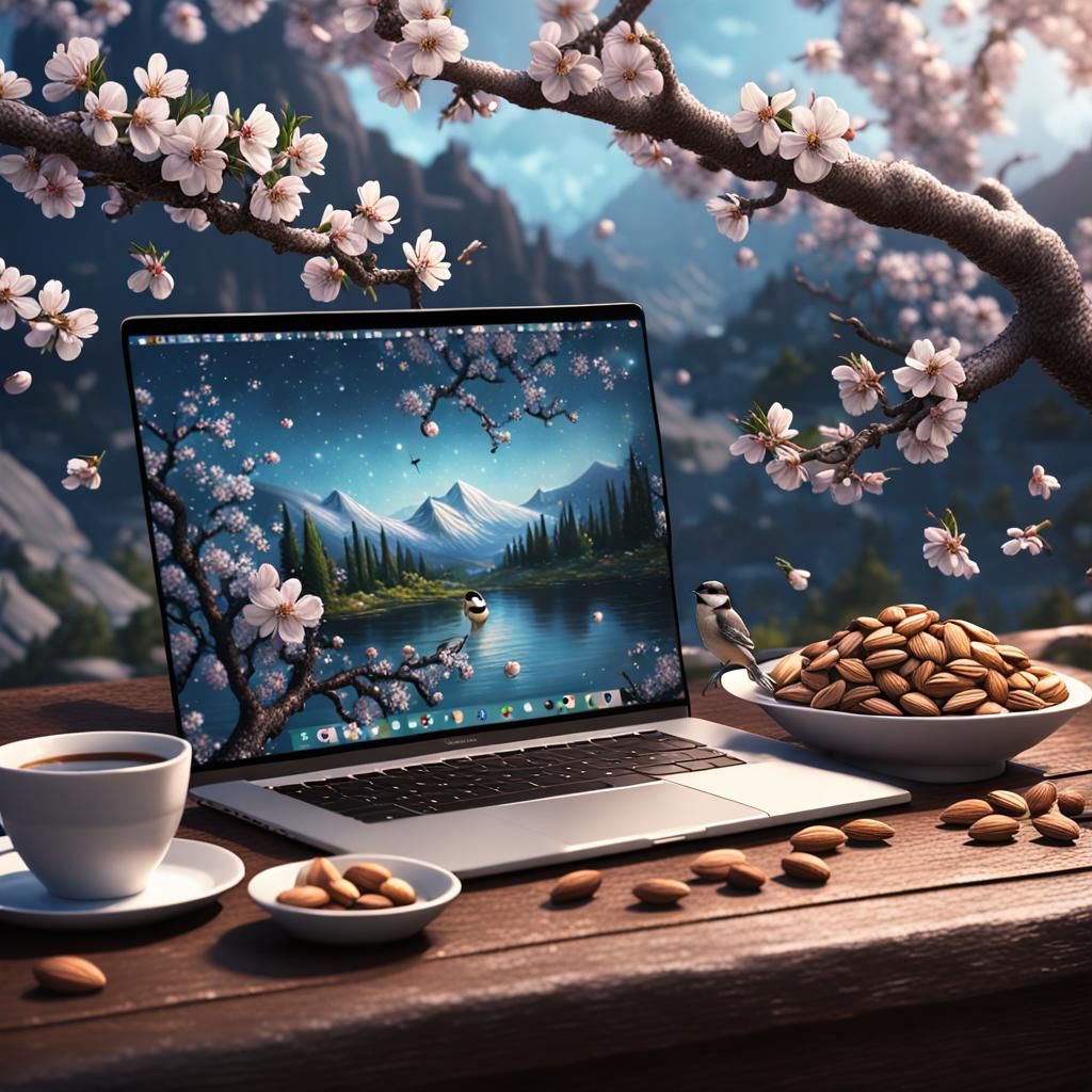 Chickadee on MacBook with Almond Blossoms: Fantasy Art