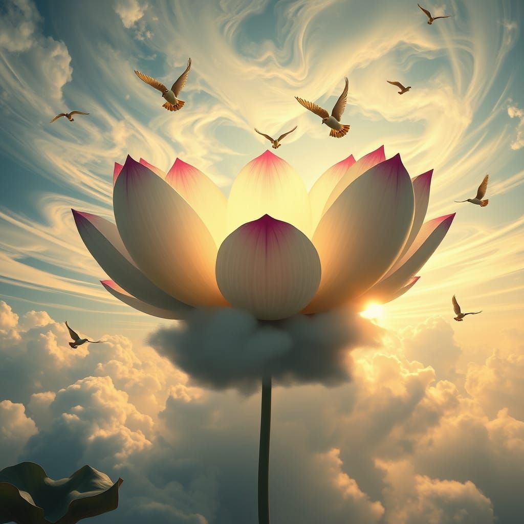 Ethereal Lotus Blooms Amidst Swirling Clouds in a Dramatic, ...