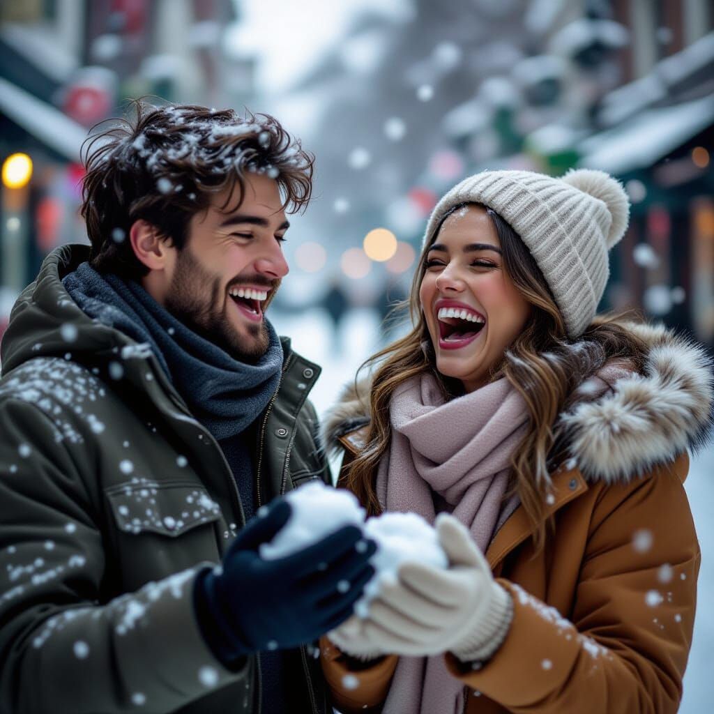 Couple Laughing in Snowy Winter Scene