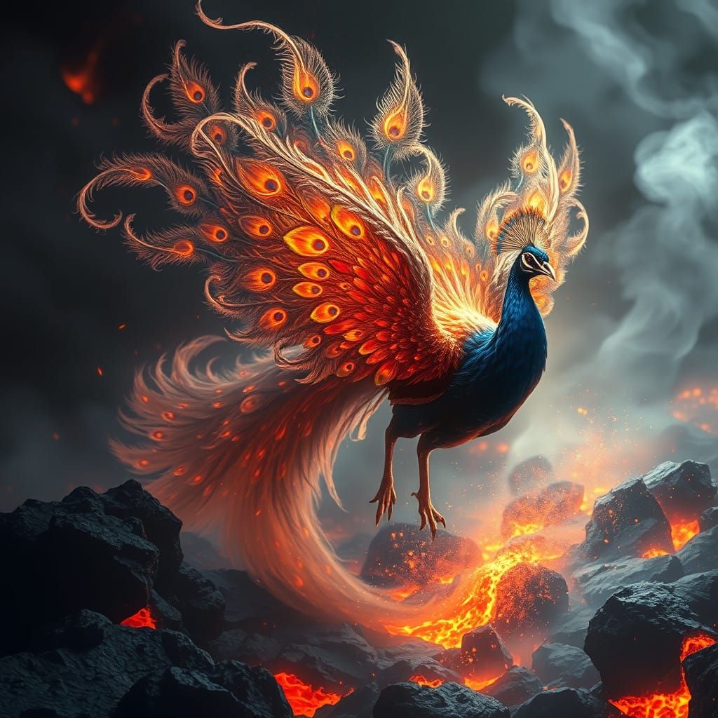 Elegant Magical Peacock Sprints Through Lava in a Cyberpunk...